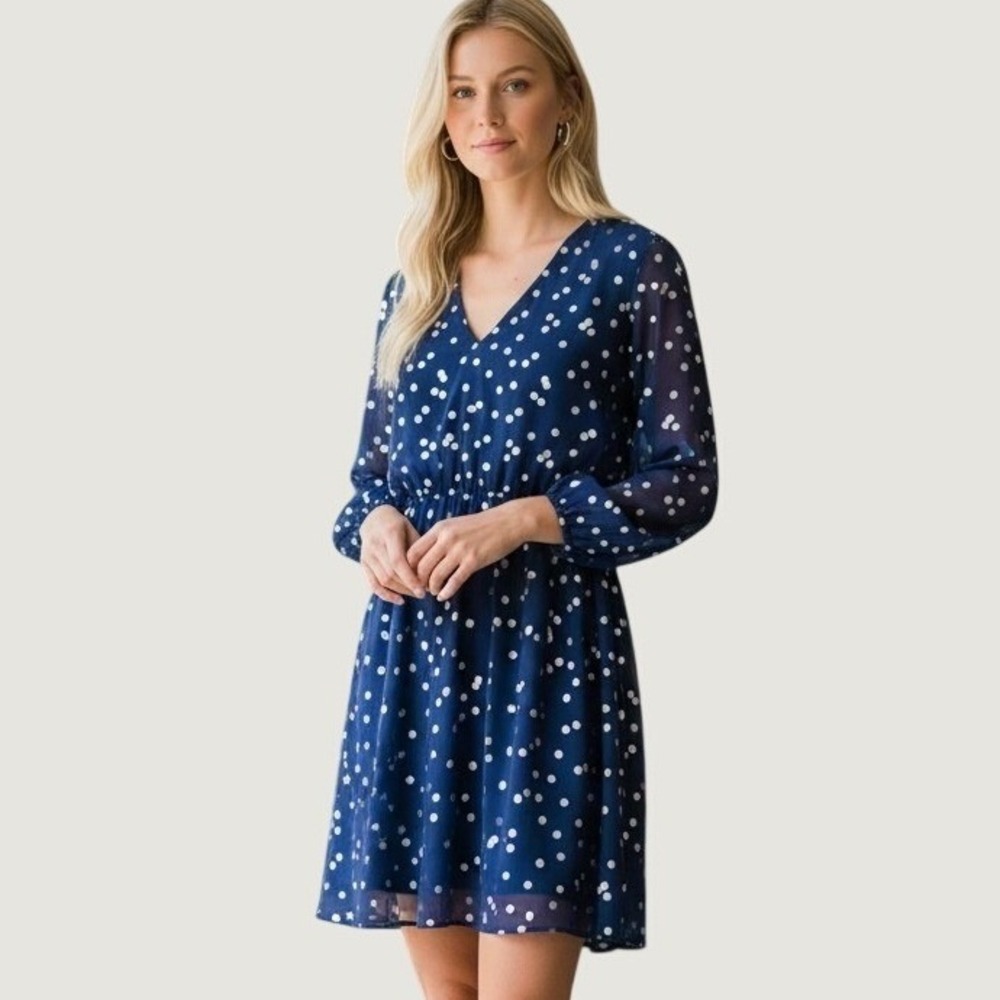 Collective Concepts A-Line Dress Women's M Navy Silver Polka Dot Long Sleeve